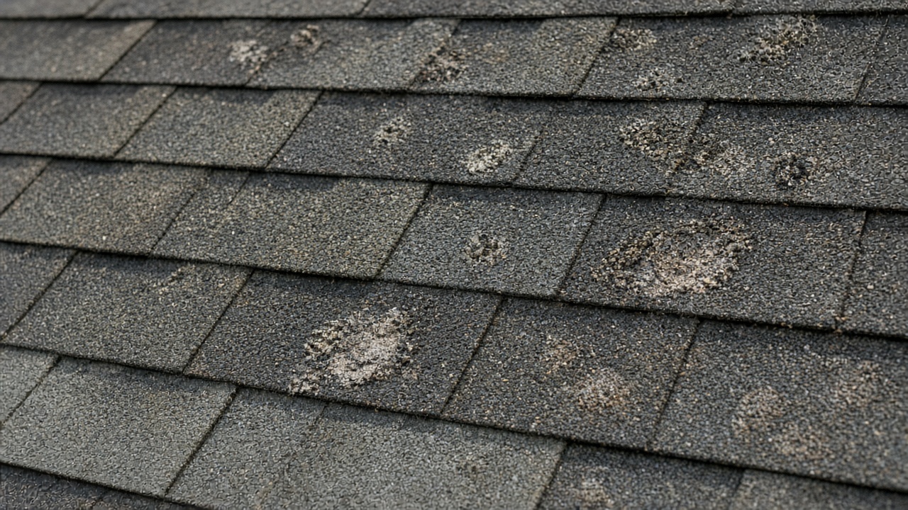 Illustrative example of hail bruising on asphalt shingles — not work performed by League City Roofing Estimates.